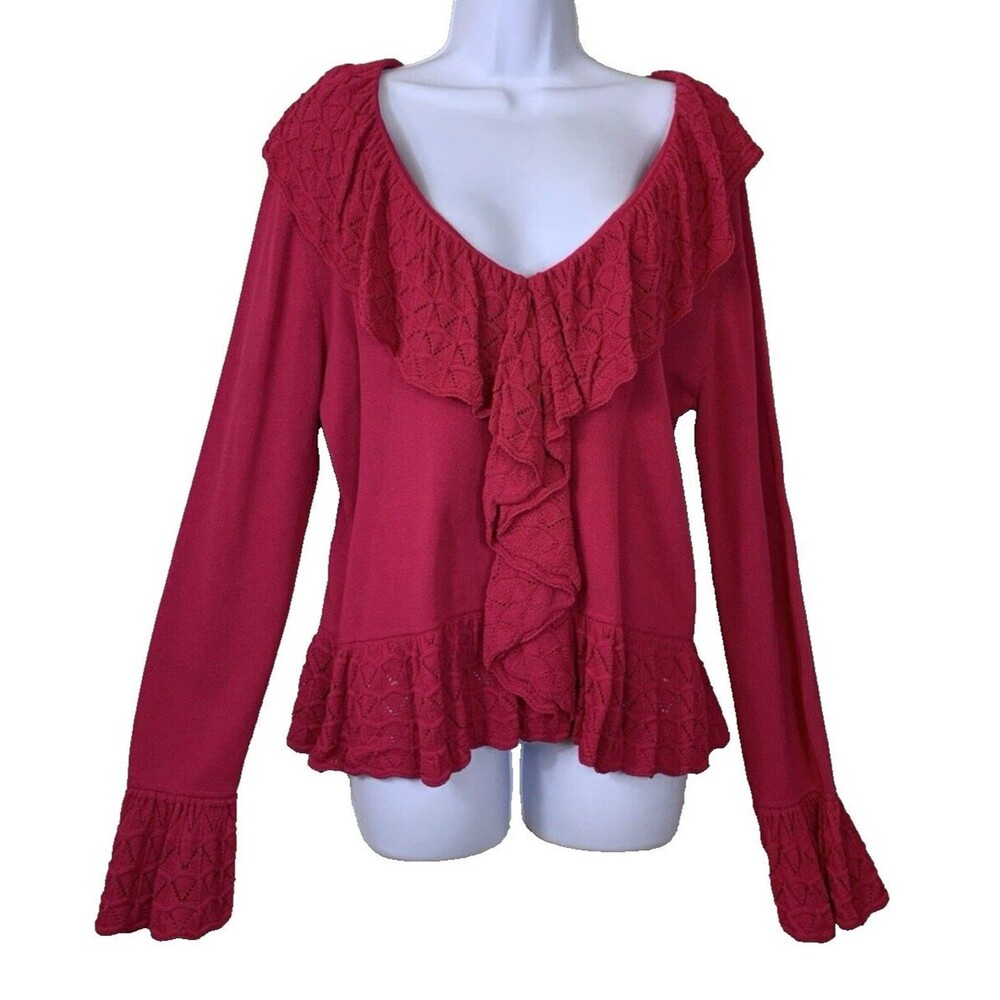 VTG Bloomingdale's Women's XL Sweater Red Low V Neck Crochet Ruffles Bell Sleeve